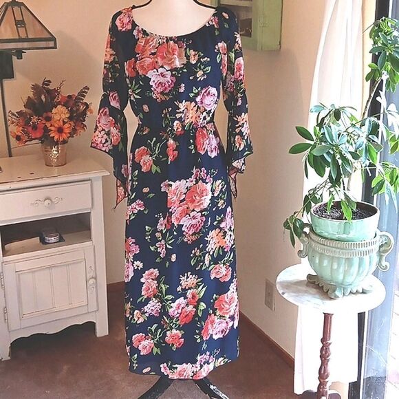 Espresso Dark Floral On/Off Shoulder Dress Cottagecore Coastal Cowgirl - Picture 1 of 12
